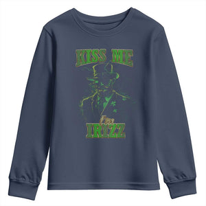 Funny St. Patrick's Day Youth Sweatshirt Kiss Me I'm iRizz Cool Leprechaun TS09 Navy Print Your Wear