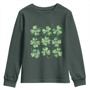 Funny St. Patrick's Day Youth Sweatshirt Shamrock Lit Rizz Sigma Skibidi Rizzler No Cap Alpha TS09 Dark Forest Green Print Your Wear