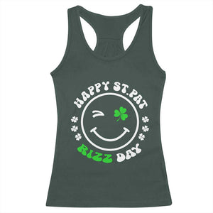 Funny St. Patrick's Day Racerback Tank Top Happy St Pat Rizz Day Shamrock Lucky Face TS09 Dark Forest Green Print Your Wear