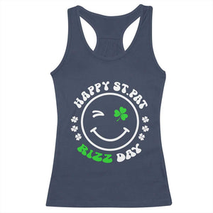Funny St. Patrick's Day Racerback Tank Top Happy St Pat Rizz Day Shamrock Lucky Face TS09 Navy Print Your Wear