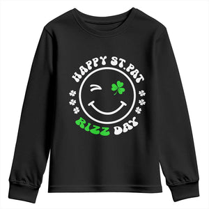 Funny St. Patrick's Day Youth Sweatshirt Happy St Pat Rizz Day Shamrock Lucky Face TS09 Black Print Your Wear