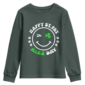 Funny St. Patrick's Day Youth Sweatshirt Happy St Pat Rizz Day Shamrock Lucky Face TS09 Dark Forest Green Print Your Wear