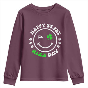 Funny St. Patrick's Day Youth Sweatshirt Happy St Pat Rizz Day Shamrock Lucky Face TS09 Maroon Print Your Wear