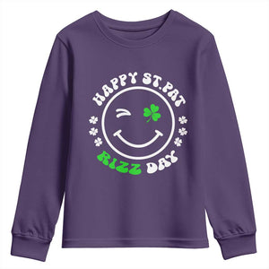Funny St. Patrick's Day Youth Sweatshirt Happy St Pat Rizz Day Shamrock Lucky Face TS09 Purple Print Your Wear