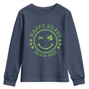 Funny St. Patrick's Day Youth Sweatshirt Happy St Pat Rizz Day Lucky Shamrock Face TS09 Navy Print Your Wear