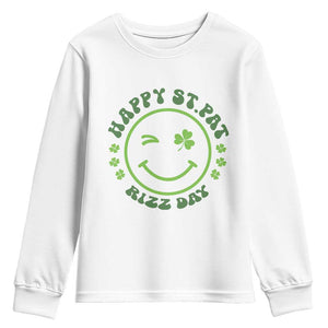 Funny St. Patrick's Day Youth Sweatshirt Happy St Pat Rizz Day Lucky Shamrock Face TS09 White Print Your Wear