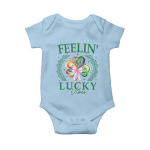 St. Patrick's Day Baby Onesie Feelin' Lucky Vibes Shamrock Coquette Bow TS09 Light Blue Print Your Wear