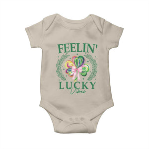 St. Patrick's Day Baby Onesie Feelin' Lucky Vibes Shamrock Coquette Bow TS09 Sand Print Your Wear