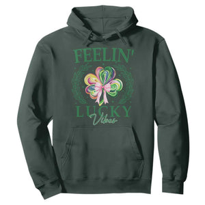 St. Patrick's Day Hoodie Feelin' Lucky Vibes Shamrock Coquette Bow TS09 Dark Forest Green Print Your Wear