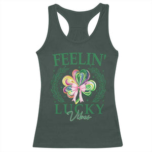 St. Patrick's Day Racerback Tank Top Feelin' Lucky Vibes Shamrock Coquette Bow TS09 Dark Forest Green Print Your Wear