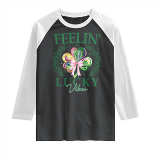St. Patrick's Day Raglan Shirt Feelin' Lucky Vibes Shamrock Coquette Bow TS09 Black White Print Your Wear