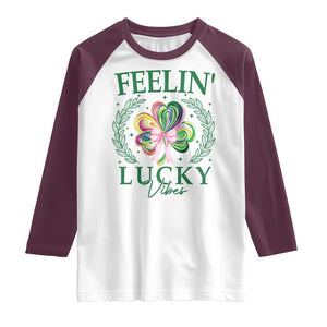 St. Patrick's Day Raglan Shirt Feelin' Lucky Vibes Shamrock Coquette Bow TS09 White Maroon Print Your Wear
