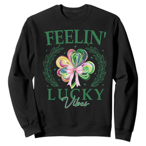 St. Patrick's Day Sweatshirt Feelin' Lucky Vibes Shamrock Coquette Bow TS09 Black Print Your Wear