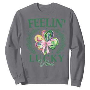 St. Patrick's Day Sweatshirt Feelin' Lucky Vibes Shamrock Coquette Bow TS09 Charcoal Print Your Wear