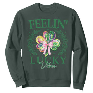 St. Patrick's Day Sweatshirt Feelin' Lucky Vibes Shamrock Coquette Bow TS09 Dark Forest Green Print Your Wear