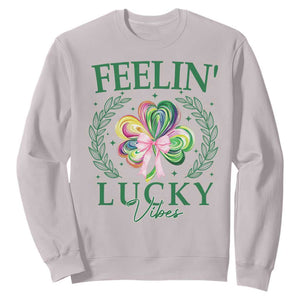 St. Patrick's Day Sweatshirt Feelin' Lucky Vibes Shamrock Coquette Bow TS09 Ice Gray Print Your Wear
