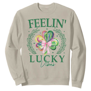 St. Patrick's Day Sweatshirt Feelin' Lucky Vibes Shamrock Coquette Bow TS09 Sand Print Your Wear