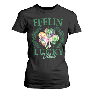 St. Patrick's Day T Shirt For Women Feelin' Lucky Vibes Shamrock Coquette Bow TS09 Black Print Your Wear
