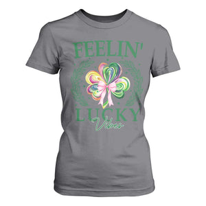 St. Patrick's Day T Shirt For Women Feelin' Lucky Vibes Shamrock Coquette Bow TS09 Charcoal Print Your Wear