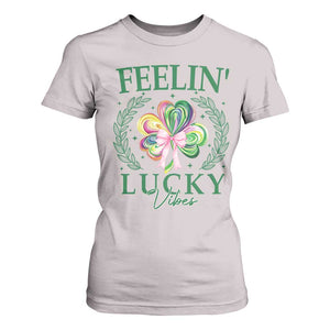 St. Patrick's Day T Shirt For Women Feelin' Lucky Vibes Shamrock Coquette Bow TS09 Ice Gray Print Your Wear