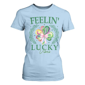 St. Patrick's Day T Shirt For Women Feelin' Lucky Vibes Shamrock Coquette Bow TS09 Light Blue Print Your Wear