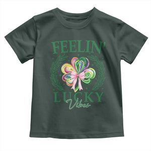 St. Patrick's Day Toddler T Shirt Feelin' Lucky Vibes Shamrock Coquette Bow TS09 Dark Forest Green Print Your Wear