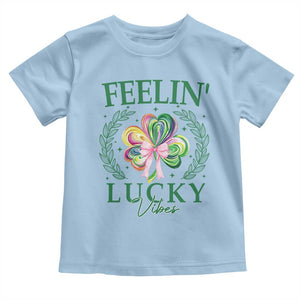 St. Patrick's Day Toddler T Shirt Feelin' Lucky Vibes Shamrock Coquette Bow TS09 Light Blue Print Your Wear