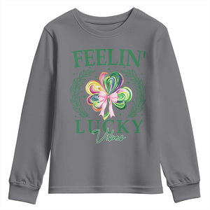 St. Patrick's Day Youth Sweatshirt Feelin' Lucky Vibes Shamrock Coquette Bow TS09 Charcoal Print Your Wear