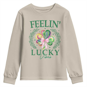 St. Patrick's Day Youth Sweatshirt Feelin' Lucky Vibes Shamrock Coquette Bow TS09 Sand Print Your Wear