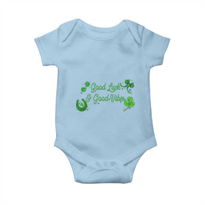 St. Patrick's Day Baby Onesie Good Luck And Good Vibes Shamrock Coquette Bow TS09 Light Blue Print Your Wear