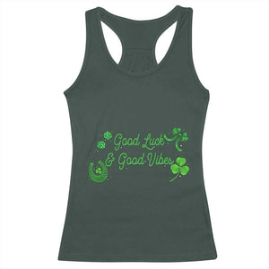 St. Patrick's Day Racerback Tank Top Good Luck And Good Vibes Shamrock Coquette Bow TS09 Dark Forest Green Print Your Wear