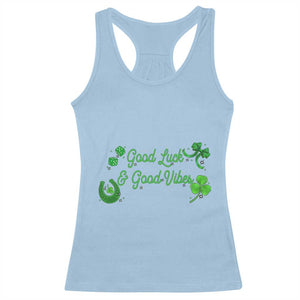 St. Patrick's Day Racerback Tank Top Good Luck And Good Vibes Shamrock Coquette Bow TS09 Light Blue Print Your Wear
