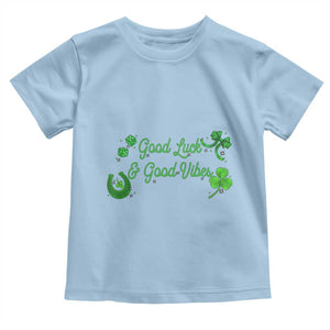 St. Patrick's Day Toddler T Shirt Good Luck And Good Vibes Shamrock Coquette Bow TS09 Light Blue Print Your Wear