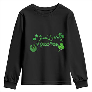 St. Patrick's Day Youth Sweatshirt Good Luck And Good Vibes Shamrock Coquette Bow TS09 Black Print Your Wear