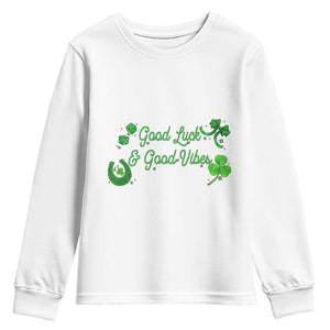 St. Patrick's Day Youth Sweatshirt Good Luck And Good Vibes Shamrock Coquette Bow TS09 White Print Your Wear
