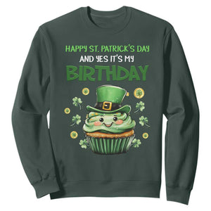 Funny St. Patrick's Day And Birthday Sweatshirt Shamrock Cupcake Leprechaun TS09 Dark Forest Green Print Your Wear