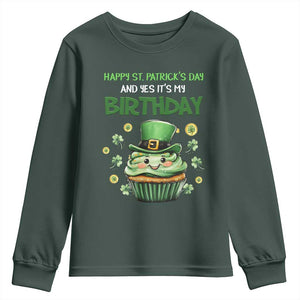 Funny St. Patrick's Day And Birthday Youth Sweatshirt Shamrock Cupcake Leprechaun TS09 Dark Forest Green Print Your Wear