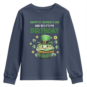 Funny St. Patrick's Day And Birthday Youth Sweatshirt Shamrock Cupcake Leprechaun TS09 Navy Print Your Wear