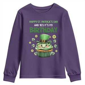 Funny St. Patrick's Day And Birthday Youth Sweatshirt Shamrock Cupcake Leprechaun TS09 Purple Print Your Wear