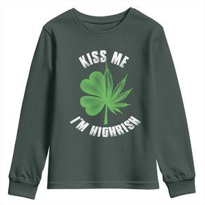 Funny St. Patrick's Day Cannabis Youth Sweatshirt Kiss Me I'm Highrish TS09 Dark Forest Green Print Your Wear
