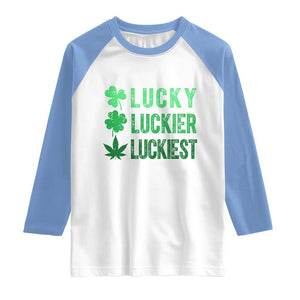 Funny St. Patrick's Day Weed Raglan Shirt Lucky Luckiest Cannabis Shamrock TS09 White Carolina Blue Print Your Wear