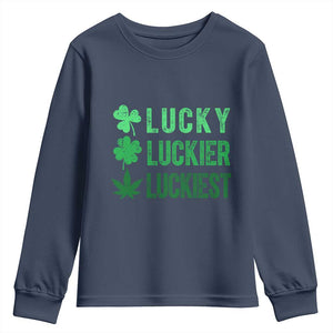Funny St. Patrick's Day Weed Youth Sweatshirt Lucky Luckiest Cannabis Shamrock TS09 Navy Print Your Wear