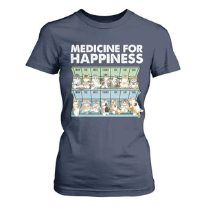 Mental Health T Shirt For Women Medicine For Happiness Cute Cat TS09 Navy Print Your Wear