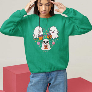 Halloween Sweatshirt Cute Ghost Dancing In The Candy Rain Spooky Season TS09 Irish Green Print Your Wear