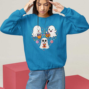 Halloween Sweatshirt Cute Ghost Dancing In The Candy Rain Spooky Season TS09 Sapphire Print Your Wear