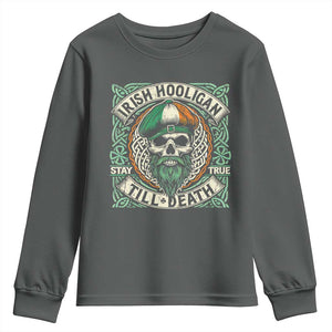 Irish Pride Youth Sweatshirt Irish Hooligan Ireland Flag Skull TS09 Dark Heather Print Your Wear