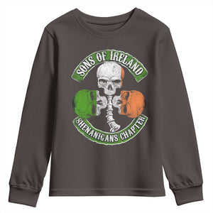 Irish Pride Youth Sweatshirt Sons Of Ireland Shenanigans Chapter Skull Shamrock TS09 Dark Chocolate Print Your Wear