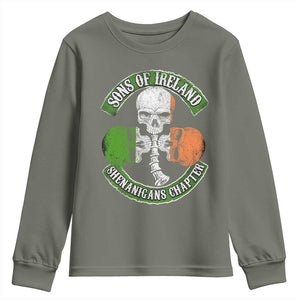 Irish Pride Youth Sweatshirt Sons Of Ireland Shenanigans Chapter Skull Shamrock TS09 Military Green Print Your Wear