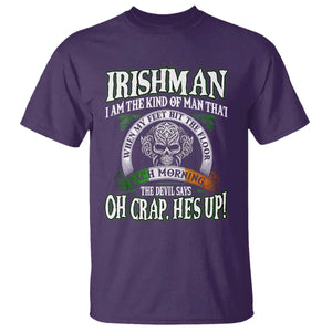 Funny Irishman T Shirt When My Feet Hit The Floor Each Morning The Devil Says Oh Crap He's Up TS09 Purple Print Your Wear
