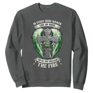 Irish Women Sweatshirt In Every Irish Woman Lies An Angel Until You Unleash The Fire TS09 Dark Heather Print Your Wear